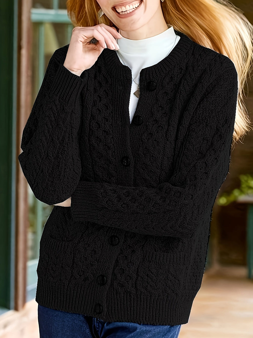 Women's Cable-Knit Cardigan with Button Front and Pockets