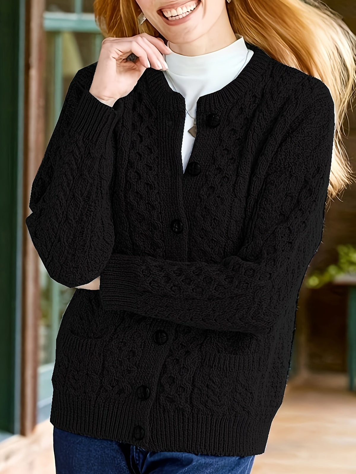 Women's Cable-Knit Cardigan with Button Front and Pockets
