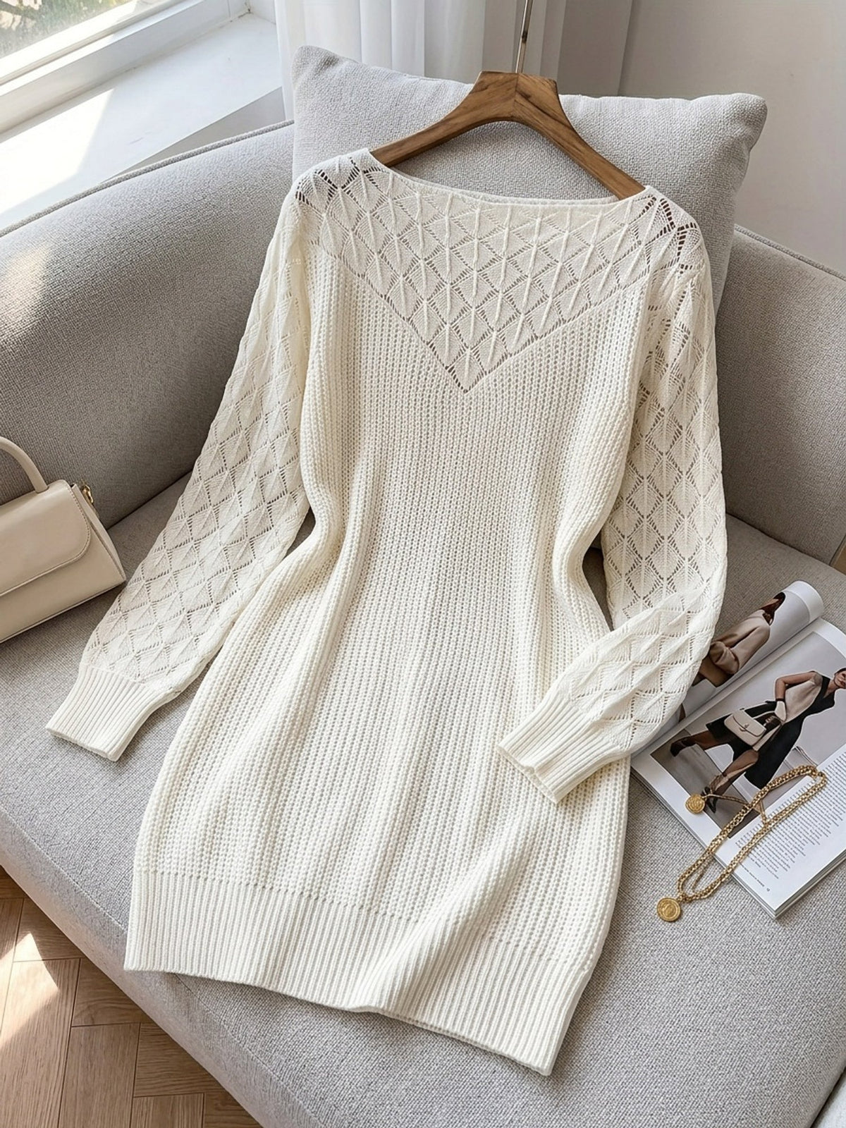 Fitted white pointelle knit jumper dress with boat neck and openwork balloon sleeves - view 6