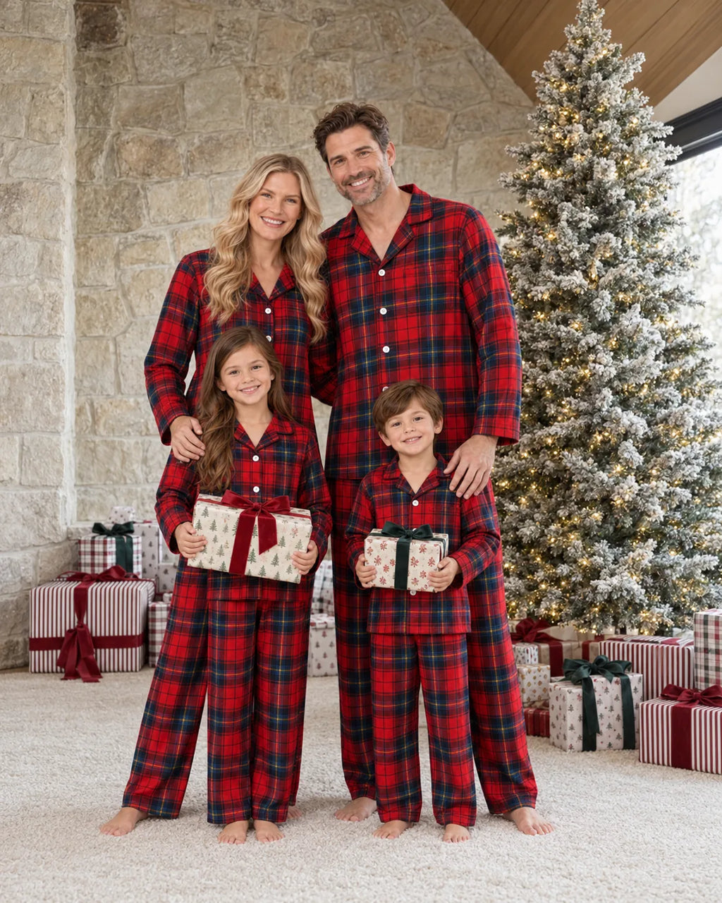 Family wearing matching red tartan flannel Christmas pyjamas with notch collar and button front