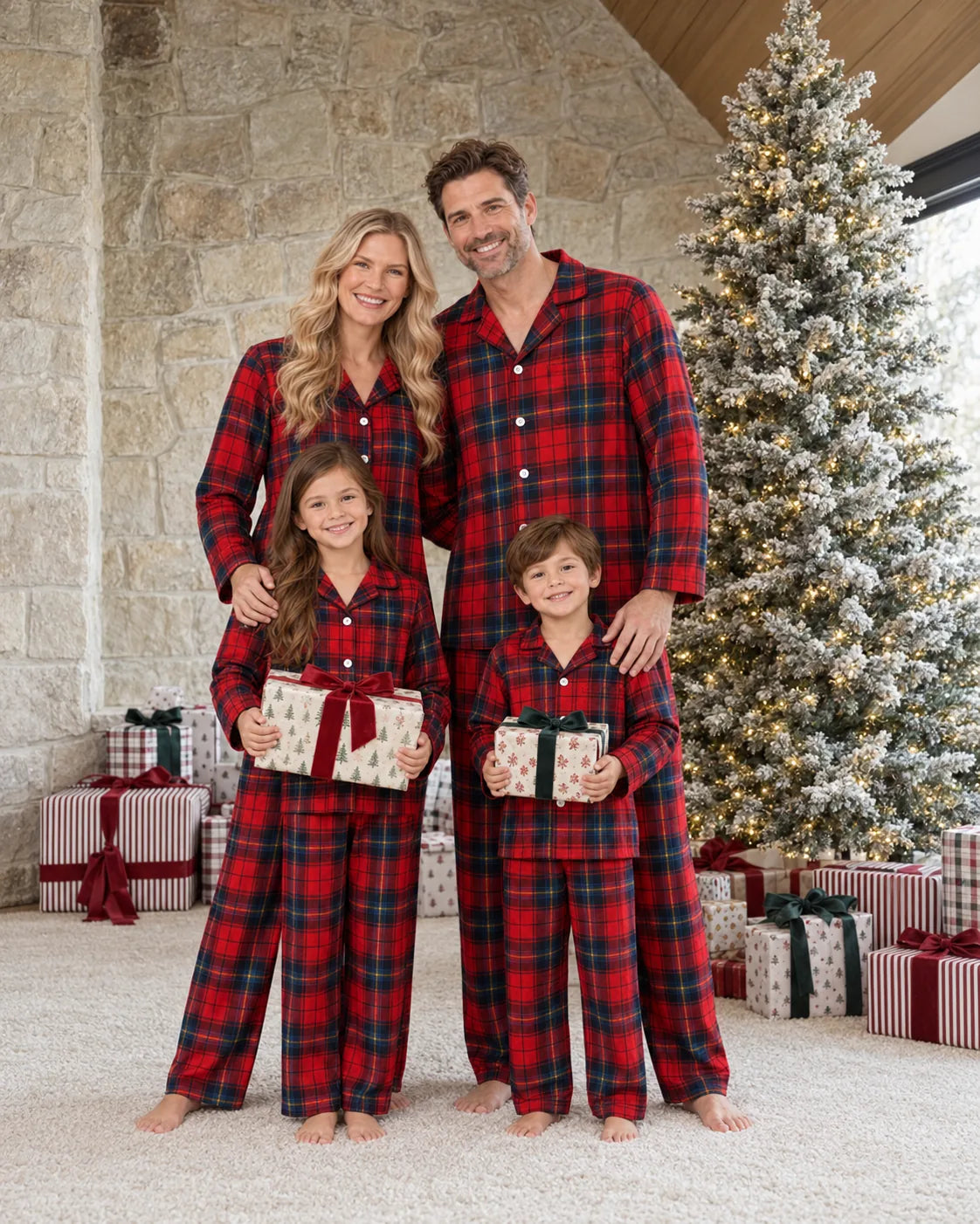 Family wearing matching red tartan flannel Christmas pyjamas with notch collar and button front