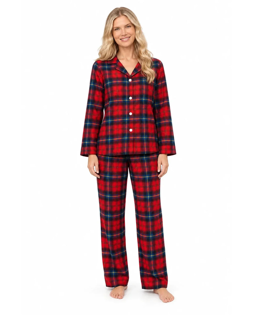 Family wearing matching red tartan flannel Christmas pyjamas with notch collar and button front - view 10