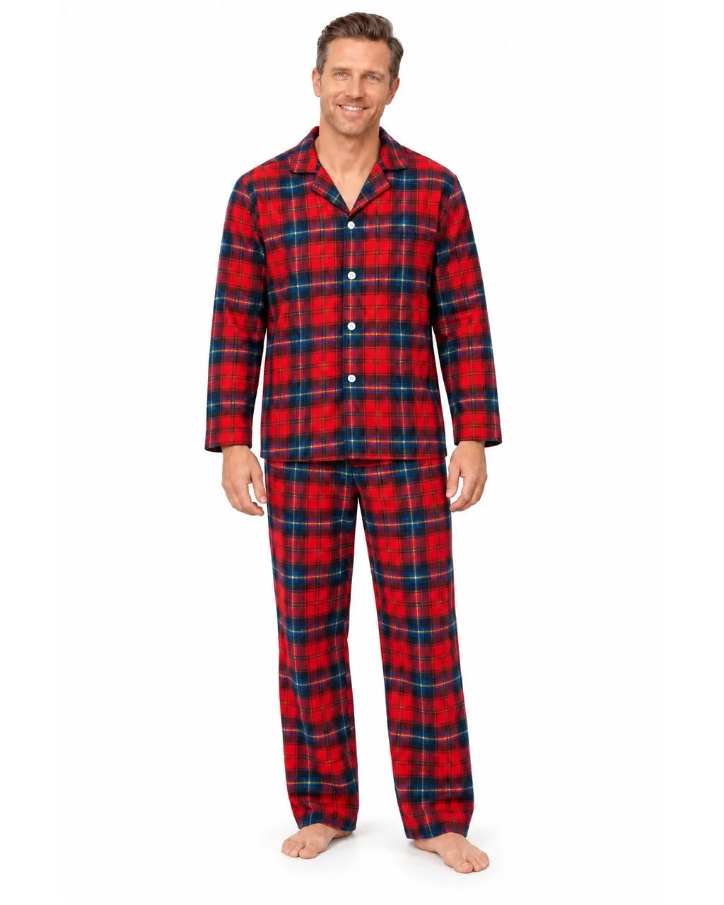 Family wearing matching red tartan flannel Christmas pyjamas with notch collar and button front - view 11