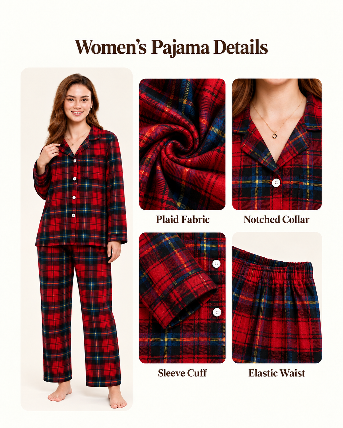 Family wearing matching red tartan flannel Christmas pyjamas with notch collar and button front - view 12