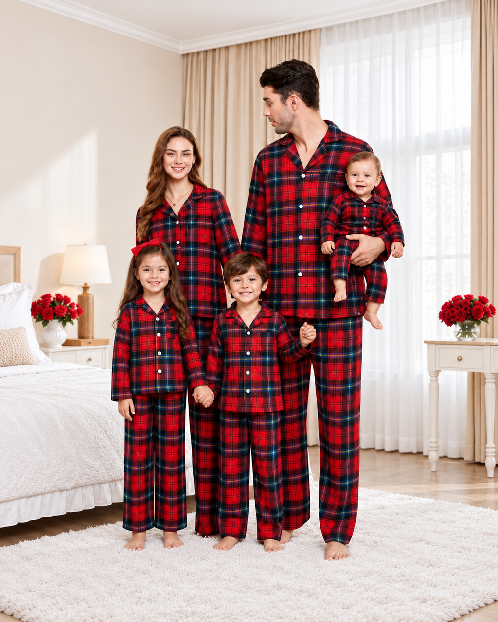 Family wearing matching red tartan flannel Christmas pyjamas with notch collar and button front - view 13