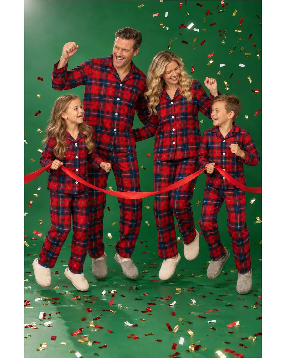 Family wearing matching red tartan flannel Christmas pyjamas with notch collar and button front - view 14