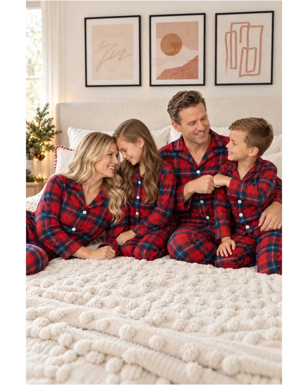 Family wearing matching red tartan flannel Christmas pyjamas with notch collar and button front - view 16