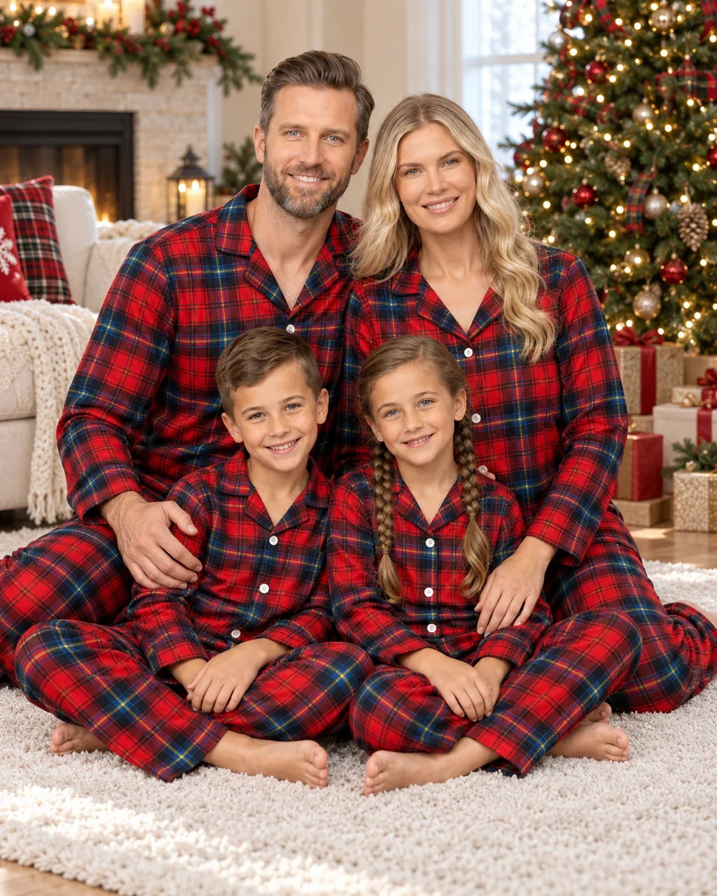 Family wearing matching red tartan flannel Christmas pyjamas with notch collar and button front - view 3