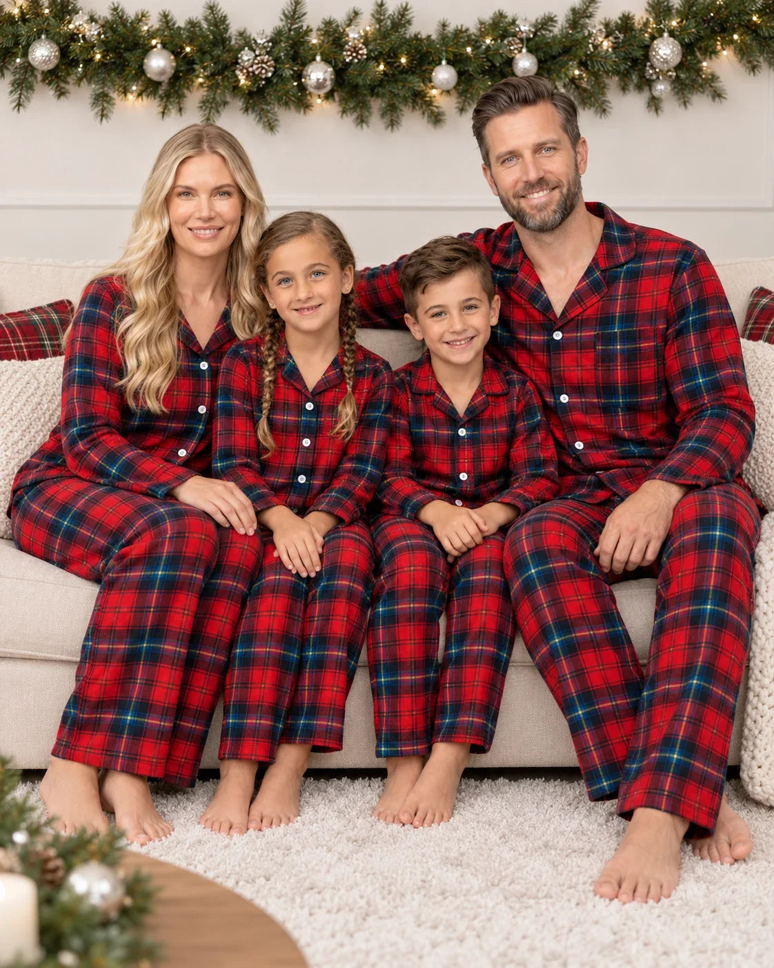 Family wearing matching red tartan flannel Christmas pyjamas with notch collar and button front - view 4