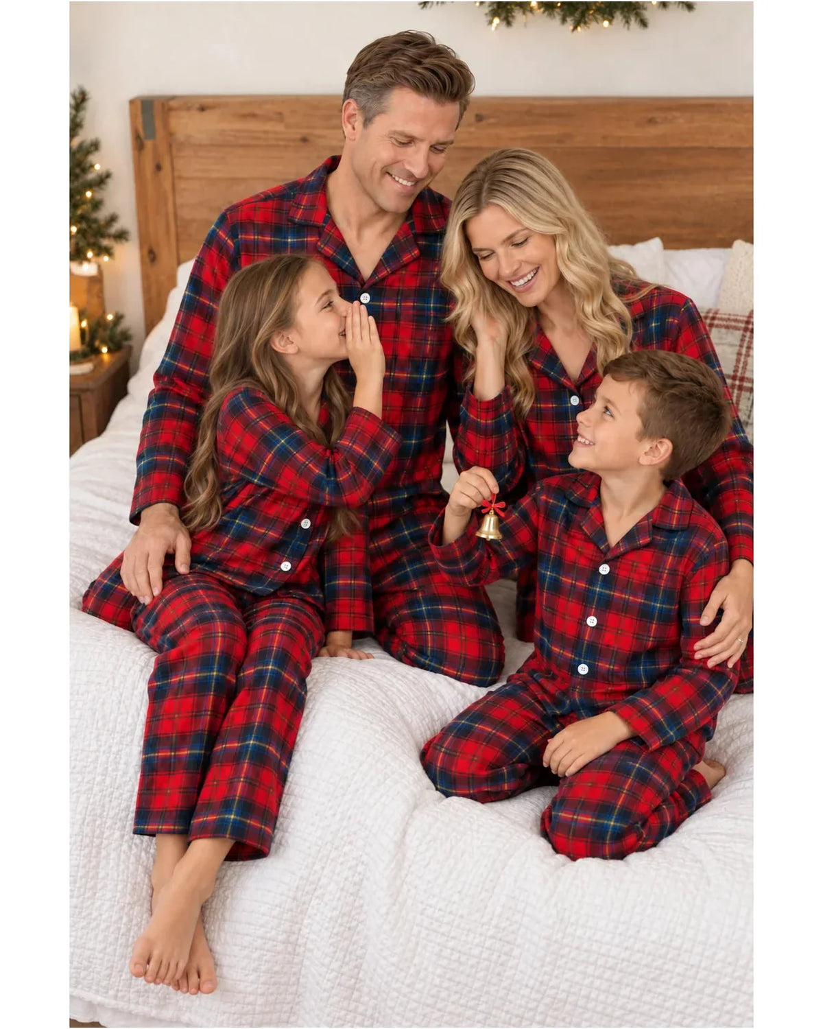 Family wearing matching red tartan flannel Christmas pyjamas with notch collar and button front - view 5