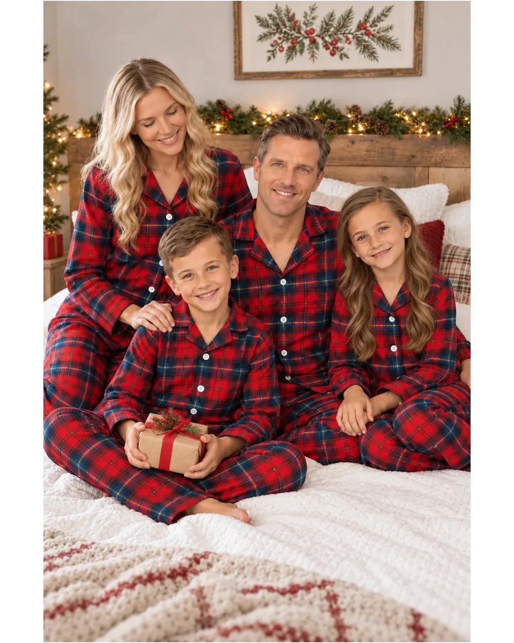 Family wearing matching red tartan flannel Christmas pyjamas with notch collar and button front - view 6