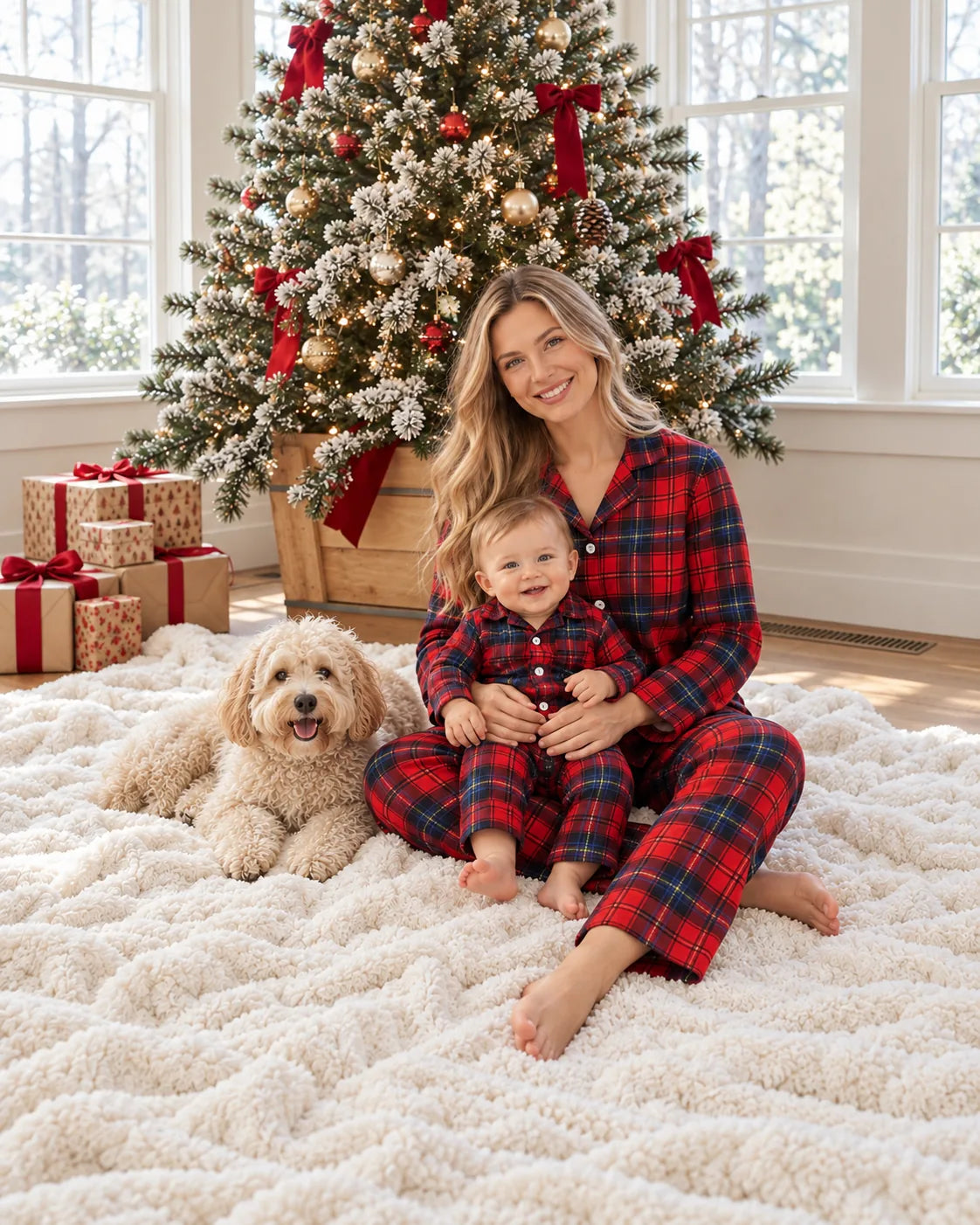 Family wearing matching red tartan flannel Christmas pyjamas with notch collar and button front - view 7