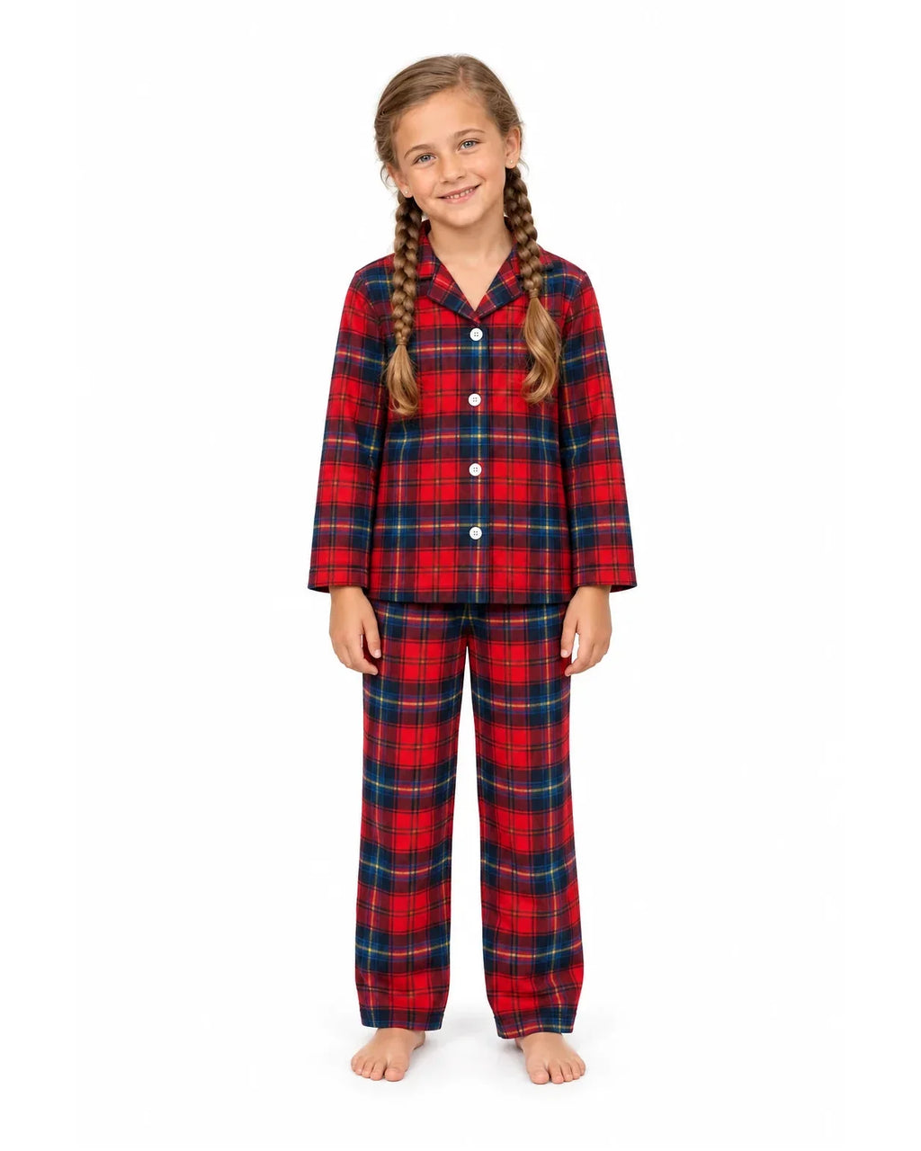 Family wearing matching red tartan flannel Christmas pyjamas with notch collar and button front - view 8