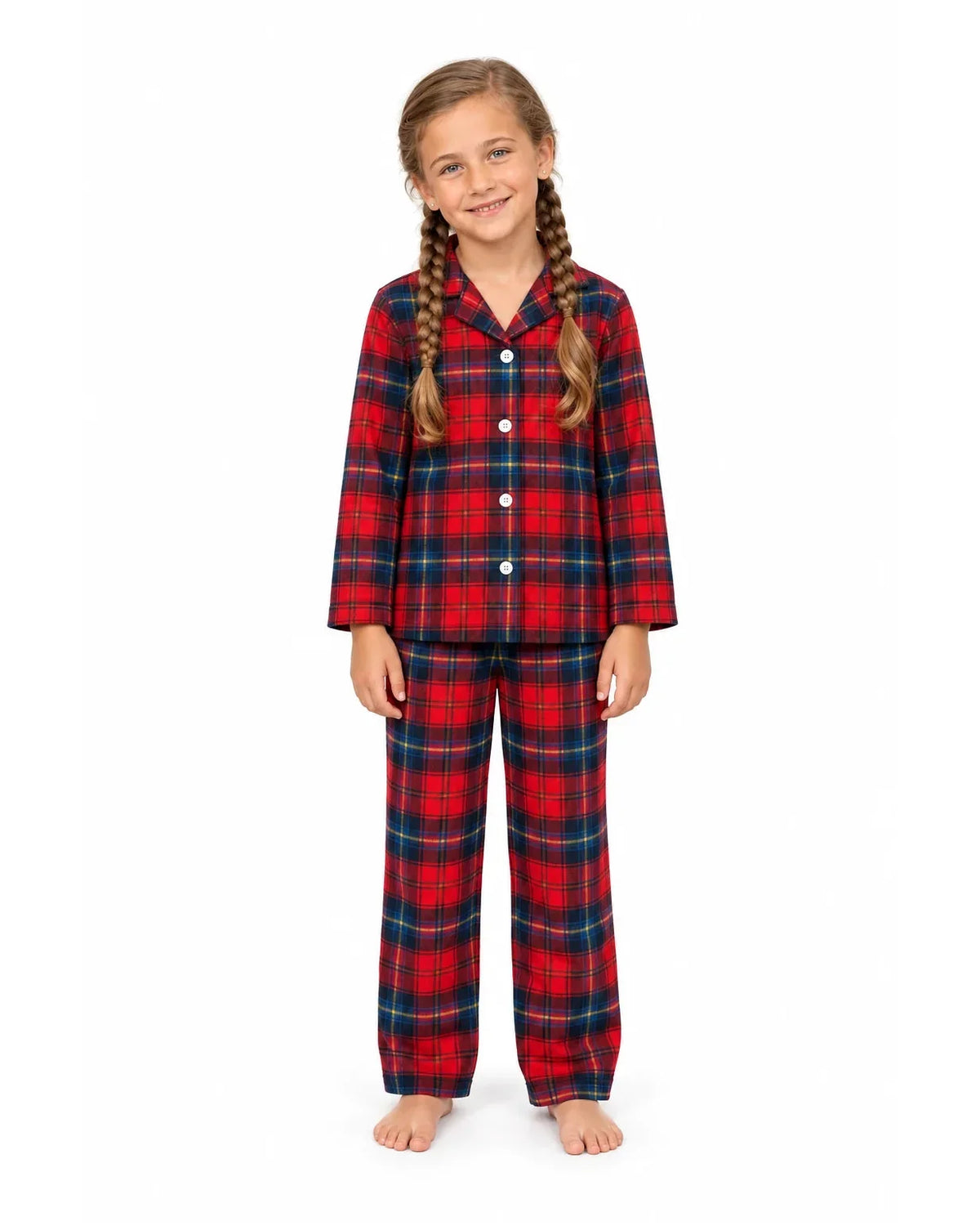 Family wearing matching red tartan flannel Christmas pyjamas with notch collar and button front - view 8