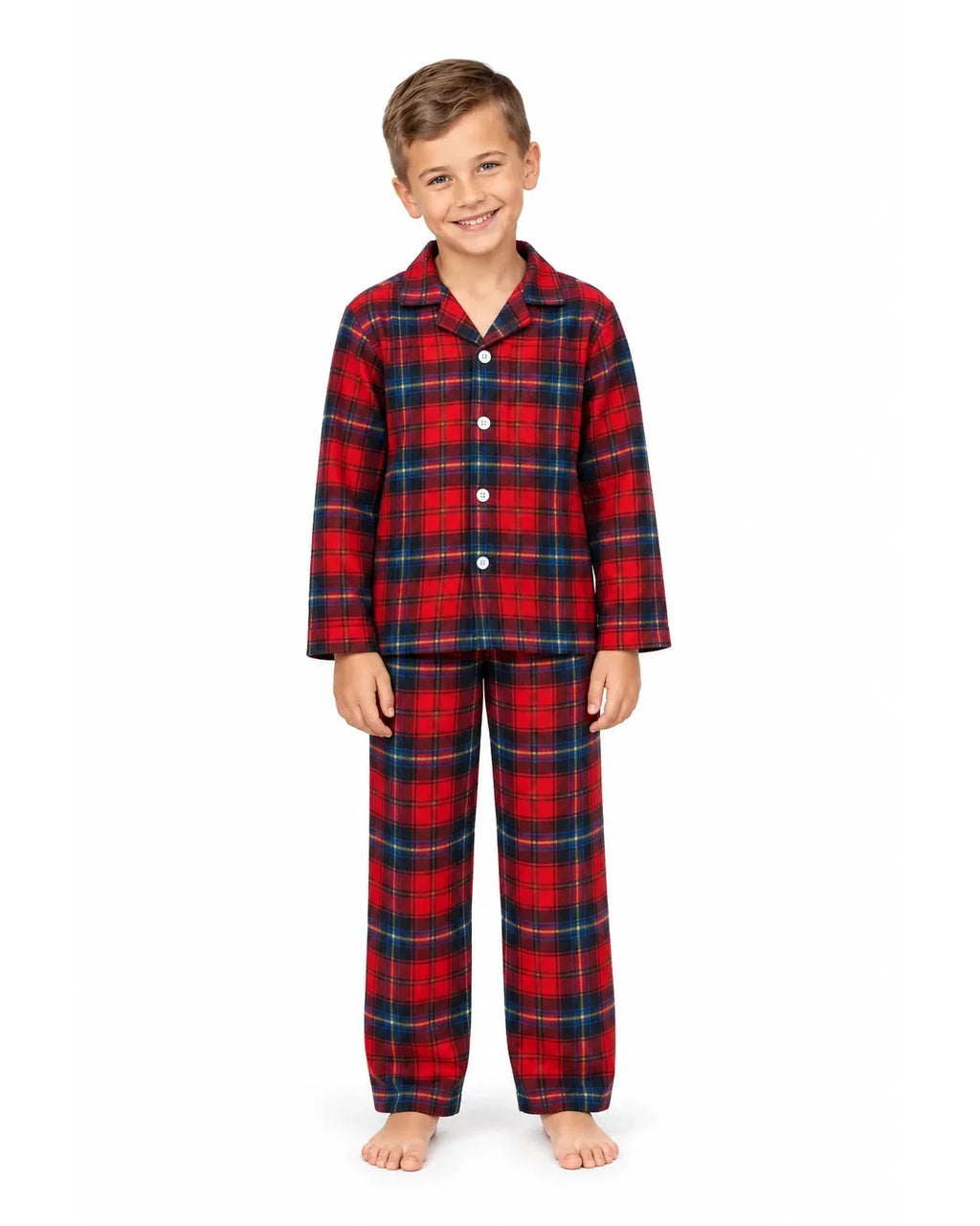 Family wearing matching red tartan flannel Christmas pyjamas with notch collar and button front - view 9