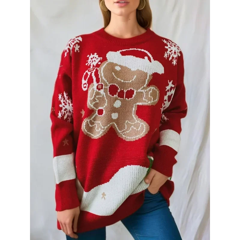 Women's gingerbread Christmas jumper with snowflakes and snowy scene, knitted crew neck