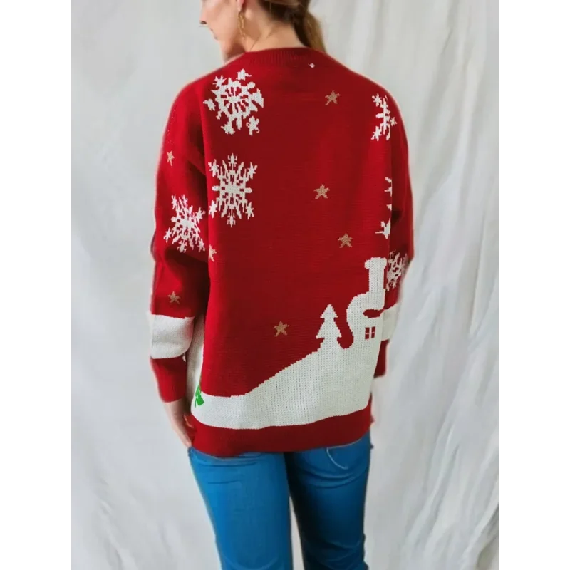 Women's gingerbread Christmas jumper with snowflakes and snowy scene, knitted crew neck - view 2