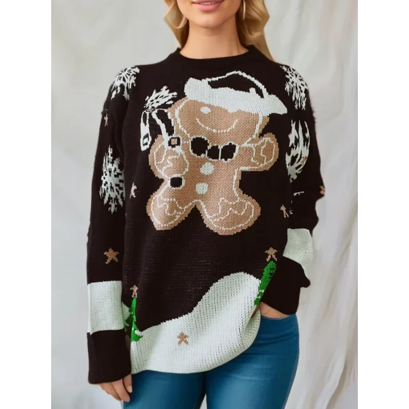 Women's gingerbread Christmas jumper with snowflakes and snowy scene, knitted crew neck - view 3