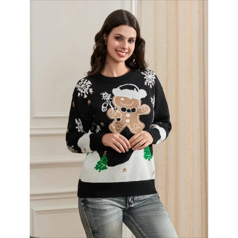 Women's gingerbread Christmas jumper with snowflakes and snowy scene, knitted crew neck - view 5