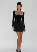 Black long sleeve velvet mini dress with embellished square neckline