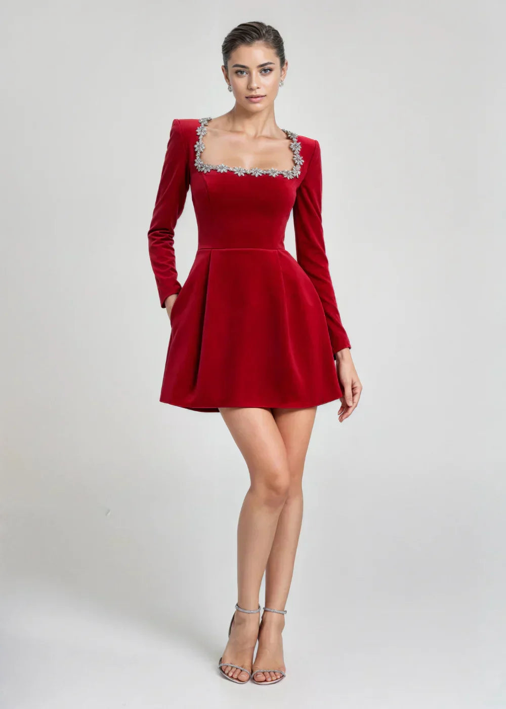 Black long sleeve velvet mini dress with embellished square neckline - view 14