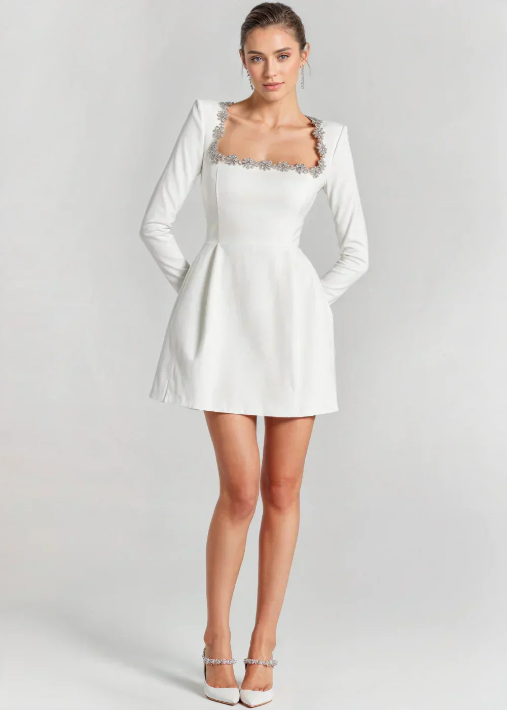 Black long sleeve velvet mini dress with embellished square neckline - view 15