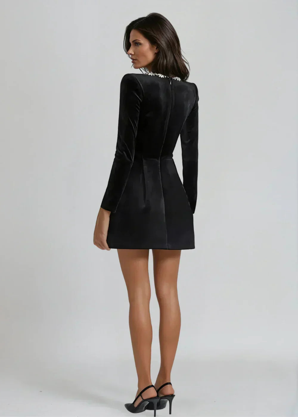 Black long sleeve velvet mini dress with embellished square neckline - view 4