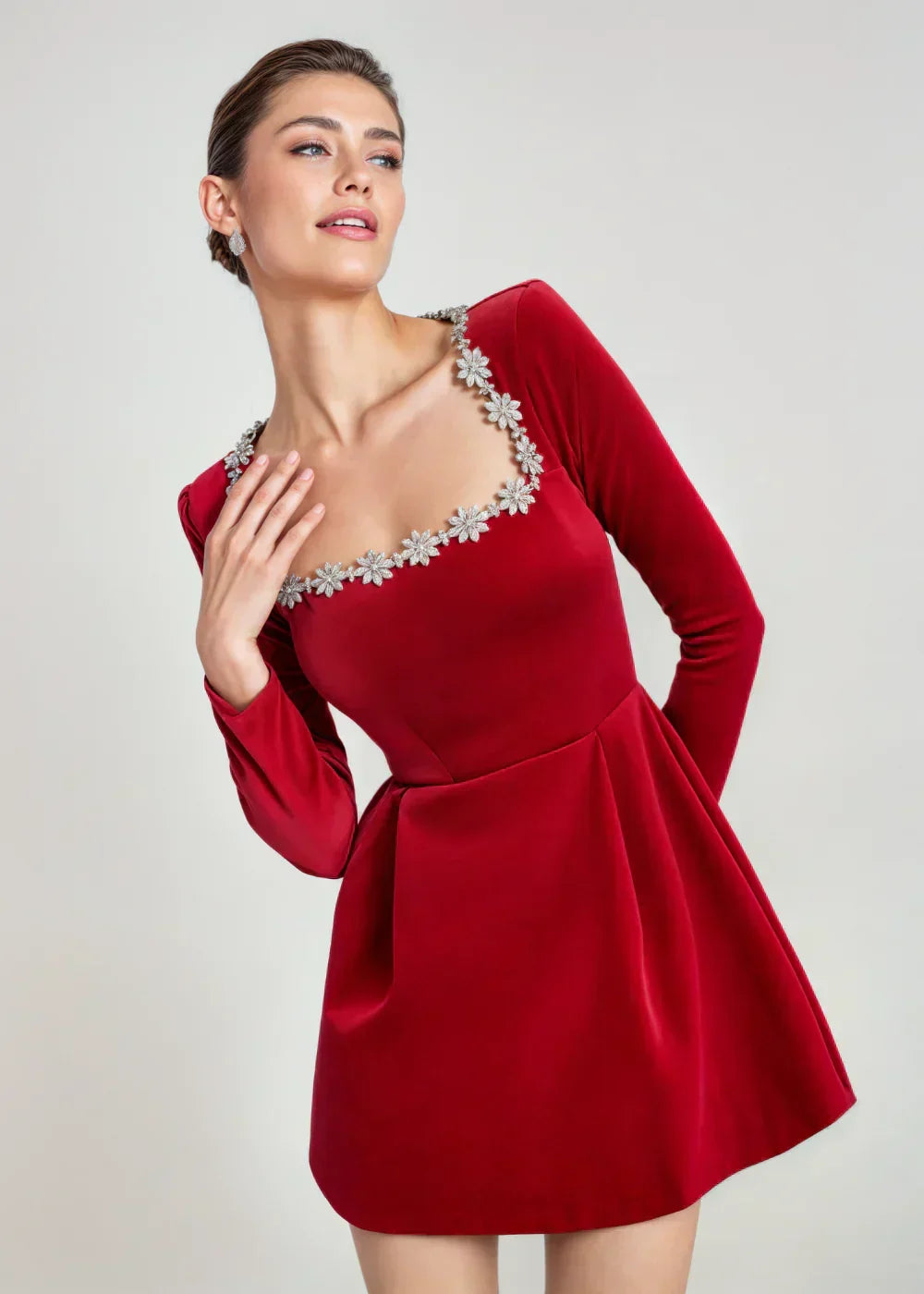 Black long sleeve velvet mini dress with embellished square neckline - view 5