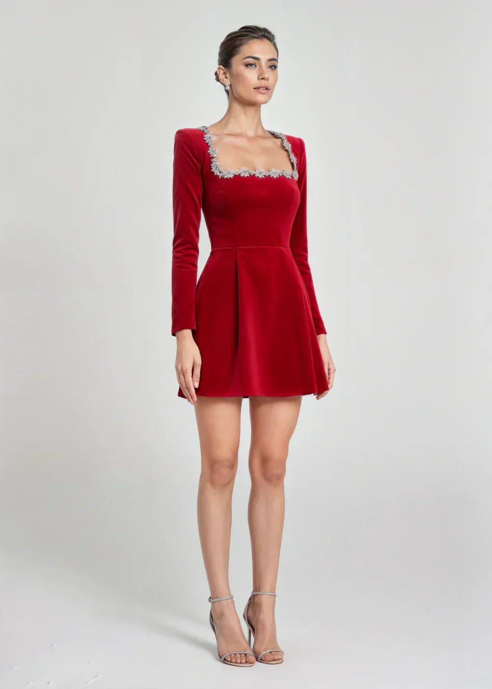 Black long sleeve velvet mini dress with embellished square neckline - view 7