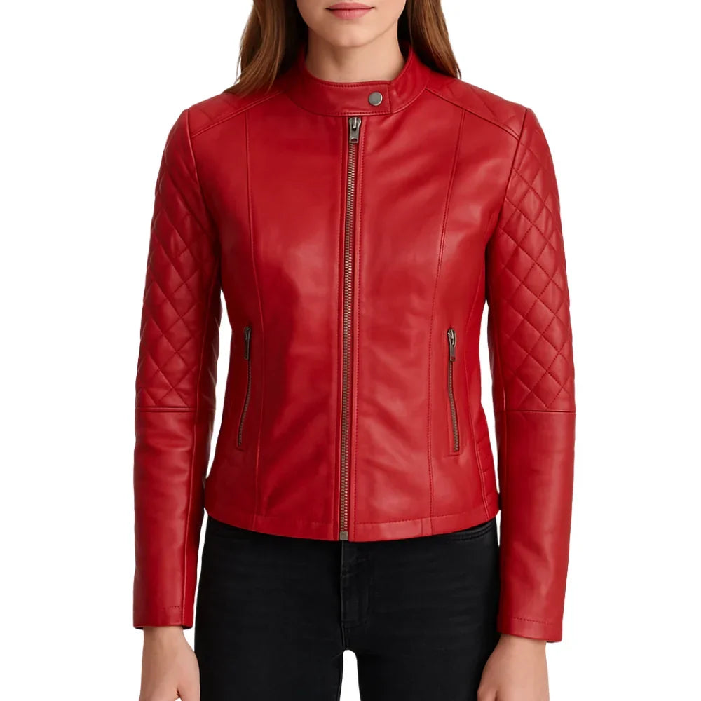 Leather Jacket Womens Quilted Cafe Racer Snap Collar Zip Front