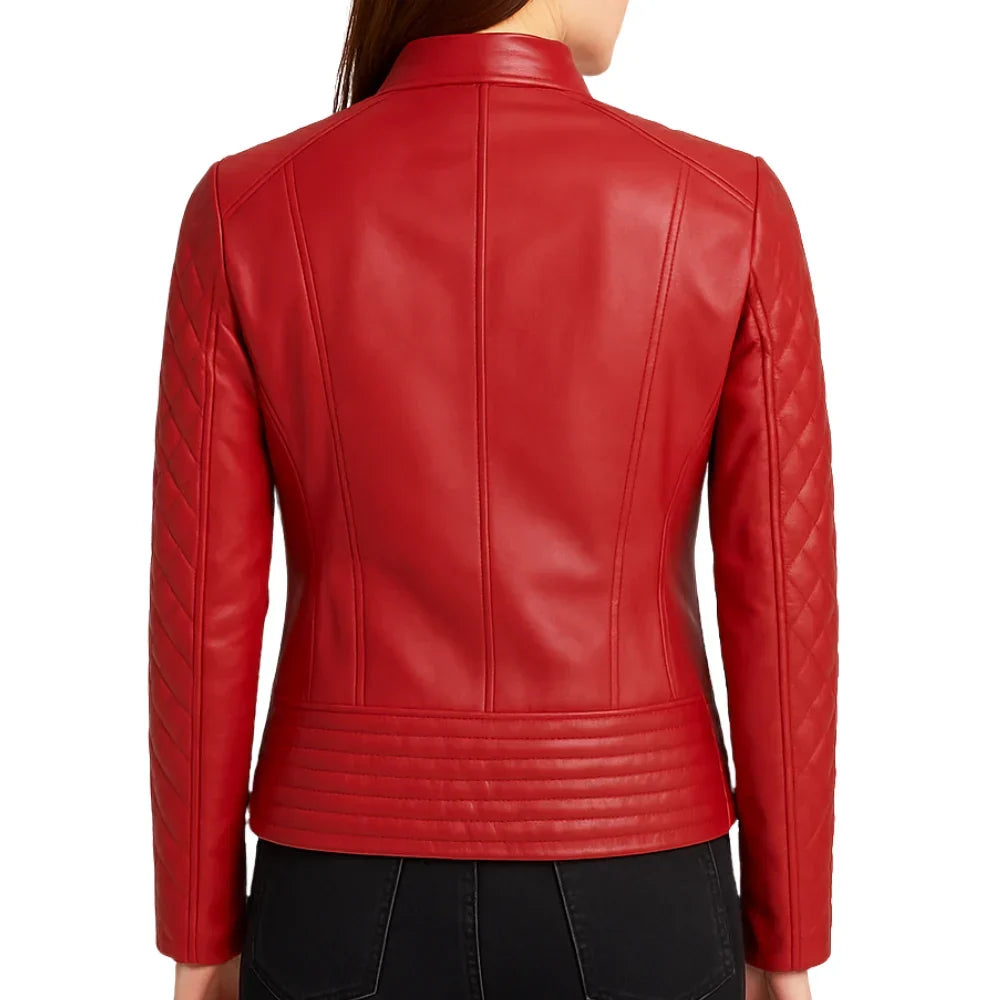 Leather Jacket Womens Quilted Cafe Racer Snap Collar Zip Front