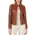 Leather Jacket Womens Cafe Racer Snap Tab Collar Zip Cuffs