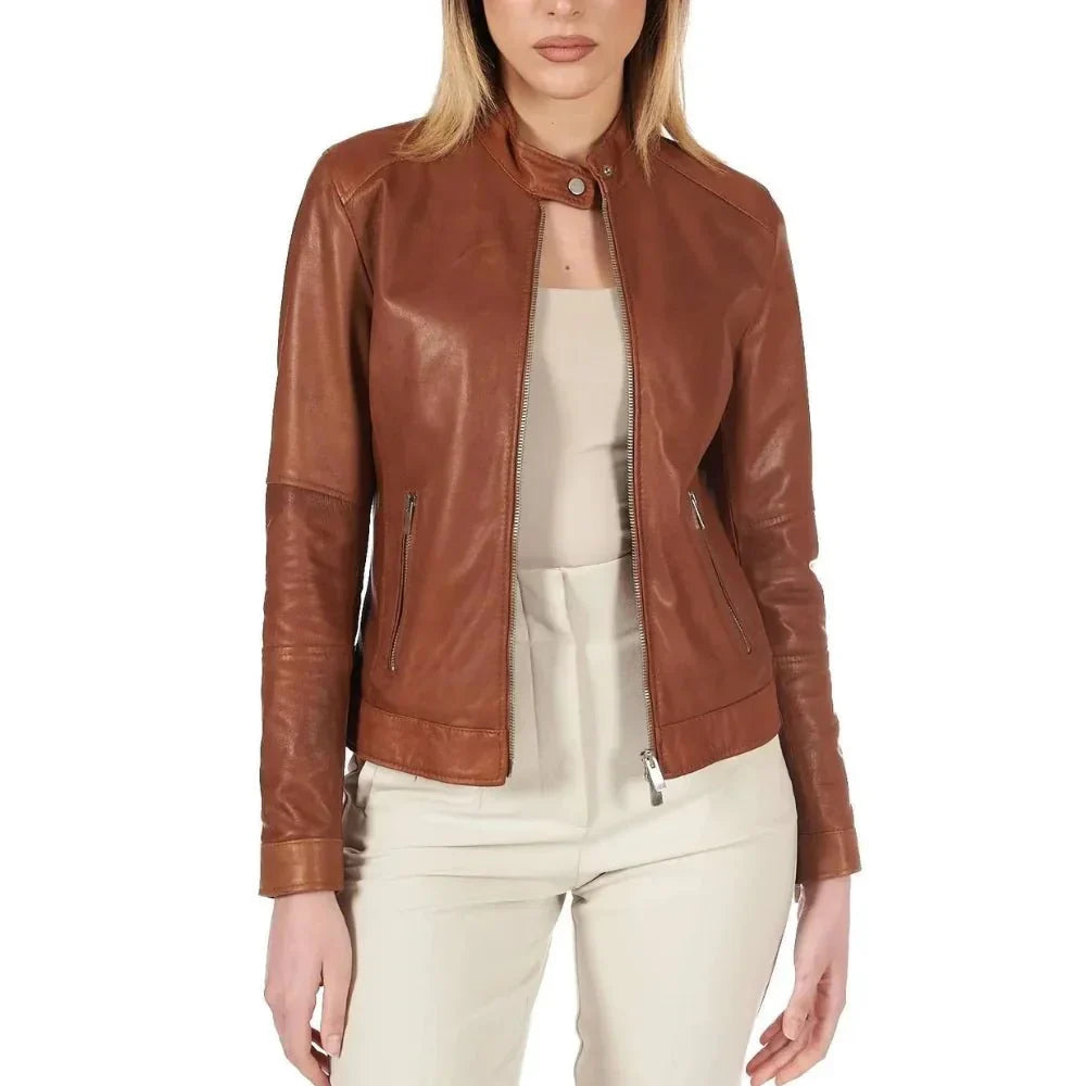Leather Jacket Womens Cafe Racer Snap Tab Collar Zip Cuffs