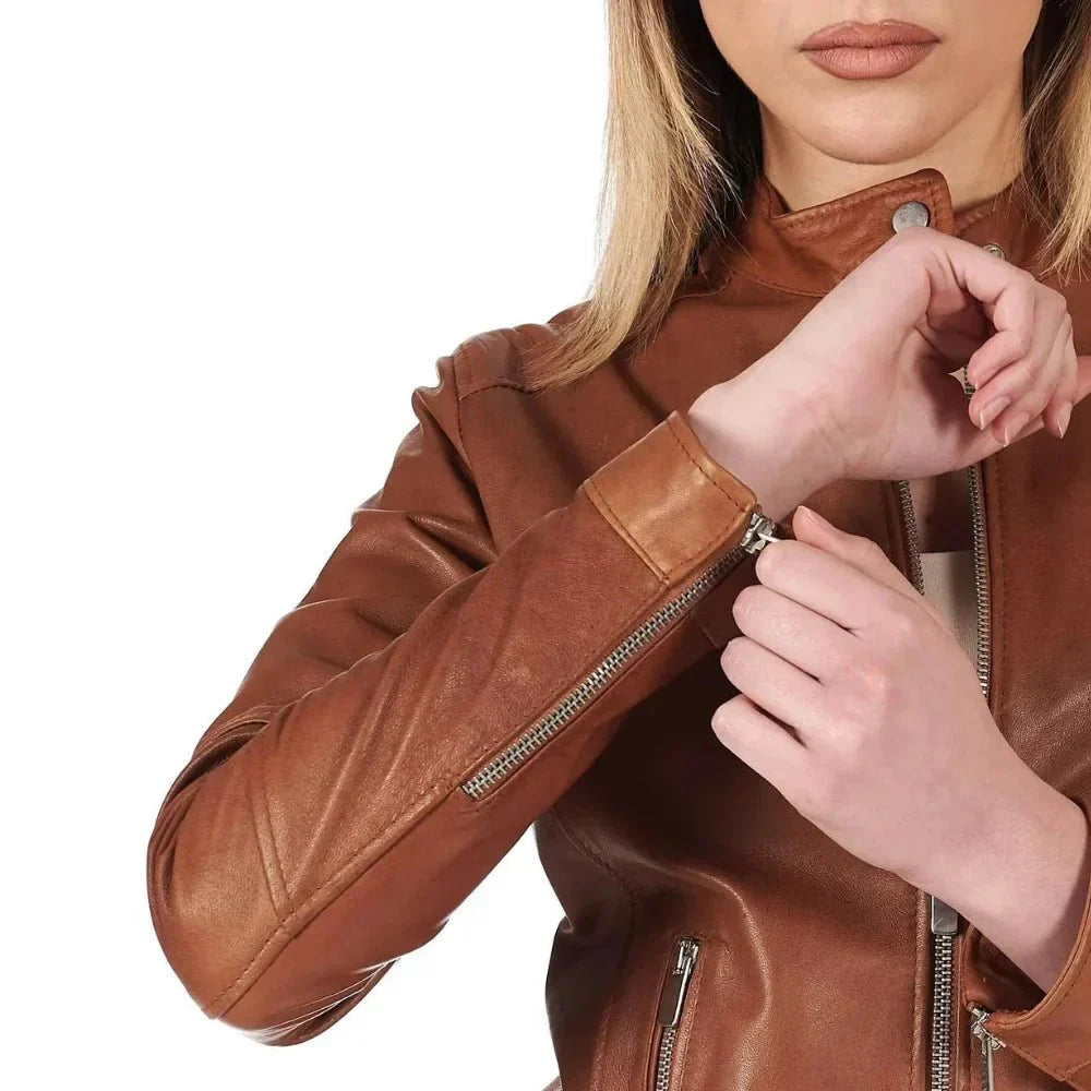 Leather Jacket Womens Cafe Racer Snap Tab Collar Zip Cuffs