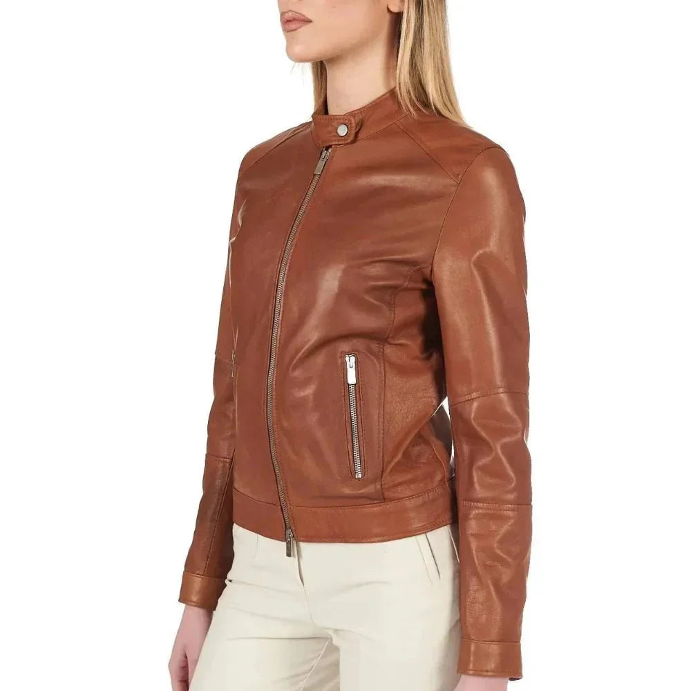 Leather Jacket Womens Cafe Racer Snap Tab Collar Zip Cuffs