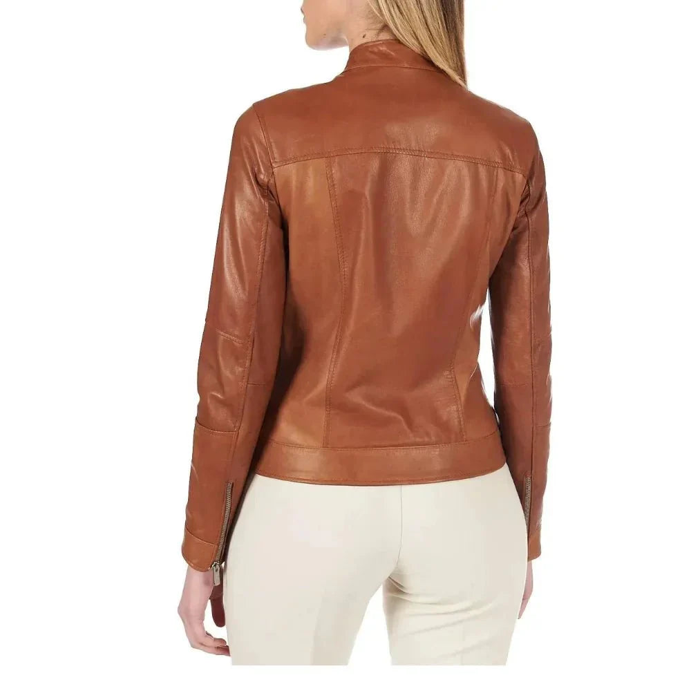 Leather Jacket Womens Cafe Racer Snap Tab Collar Zip Cuffs