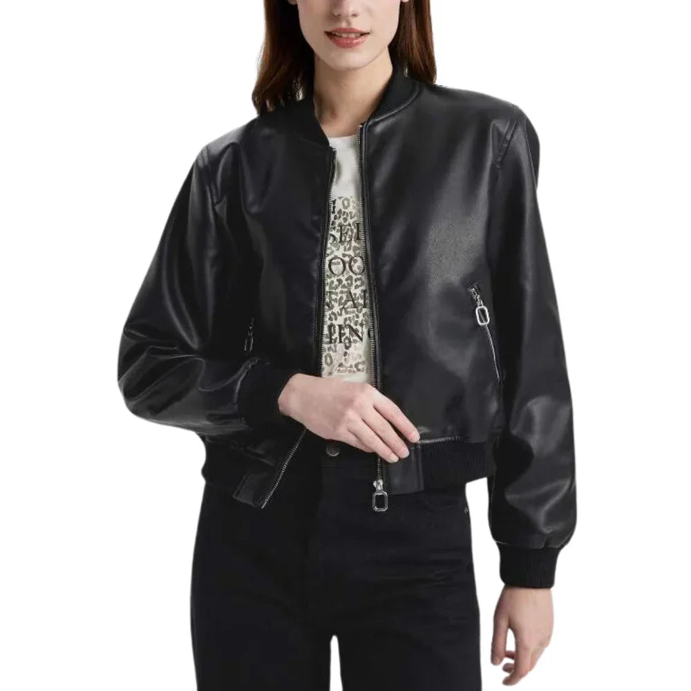 Leather Bomber Jacket Womens Ribbed Collar Cuffs Zip Front