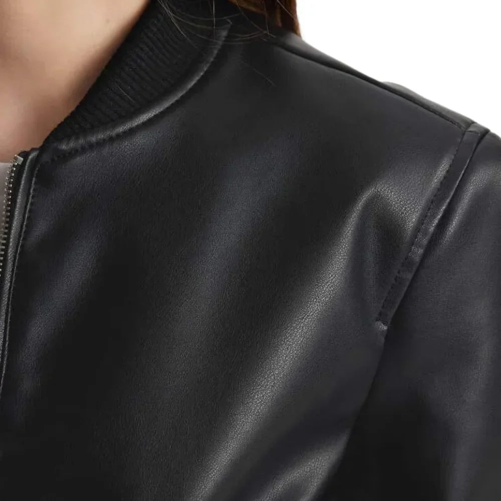 Leather Bomber Jacket Womens Ribbed Collar Cuffs Zip Front