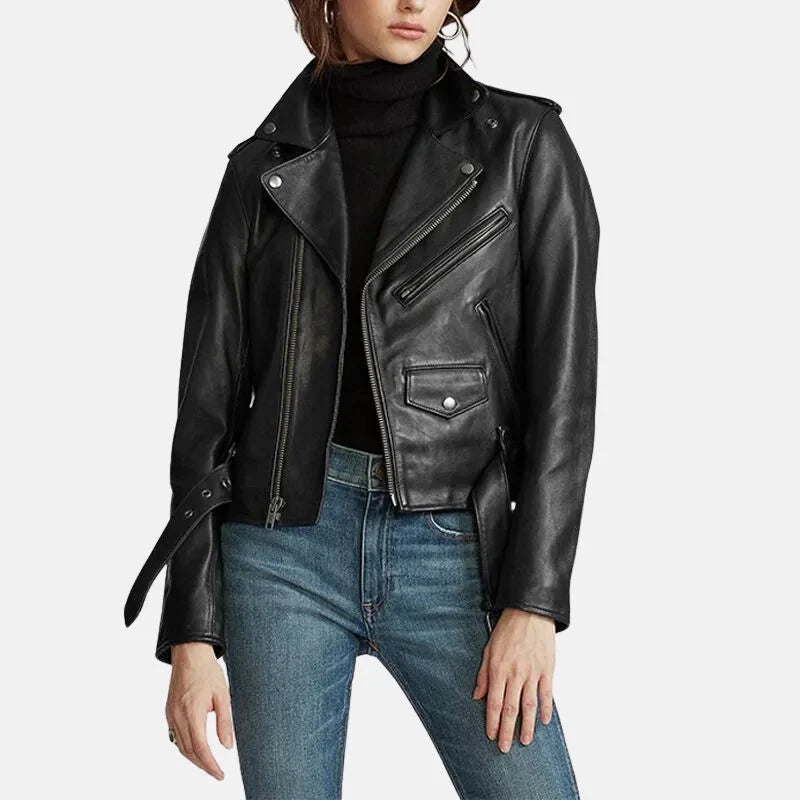Leather Jacket Womens Biker Zip Front Turn Down Collar