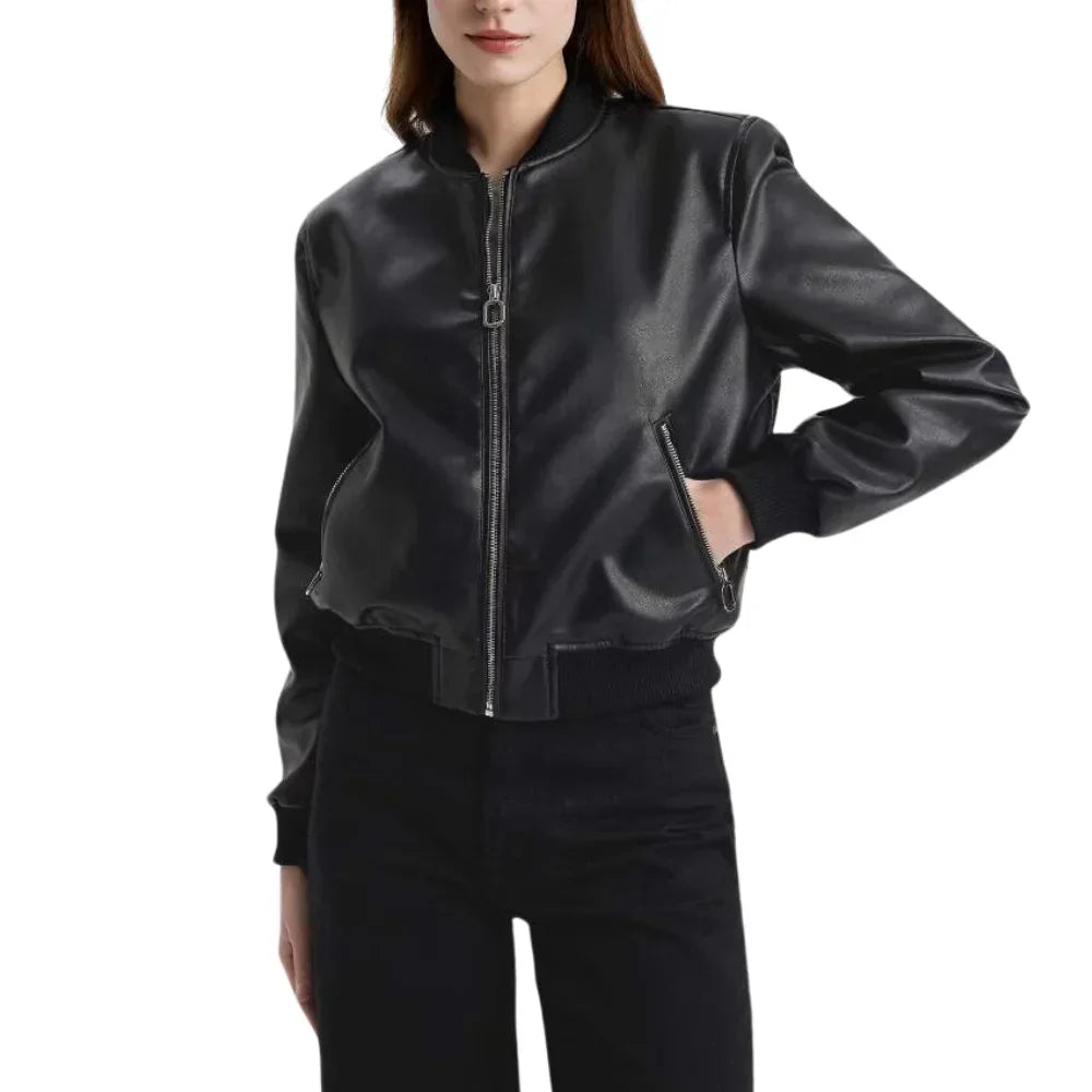 Leather Bomber Jacket Womens Ribbed Collar Cuffs Zip Front