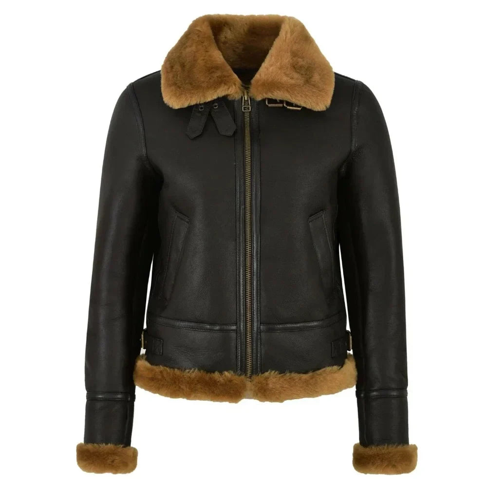 Leather Aviator Jacket Womens B3 Bomber Shearling Collar Cuffs