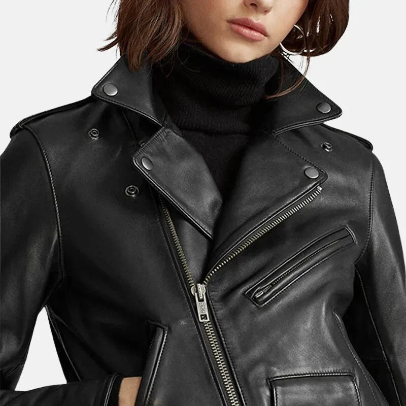 Leather Jacket Womens Biker Zip Front Turn Down Collar