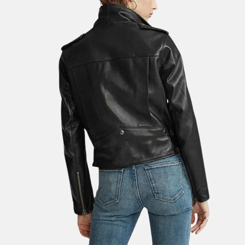 Leather Jacket Womens Biker Zip Front Turn Down Collar