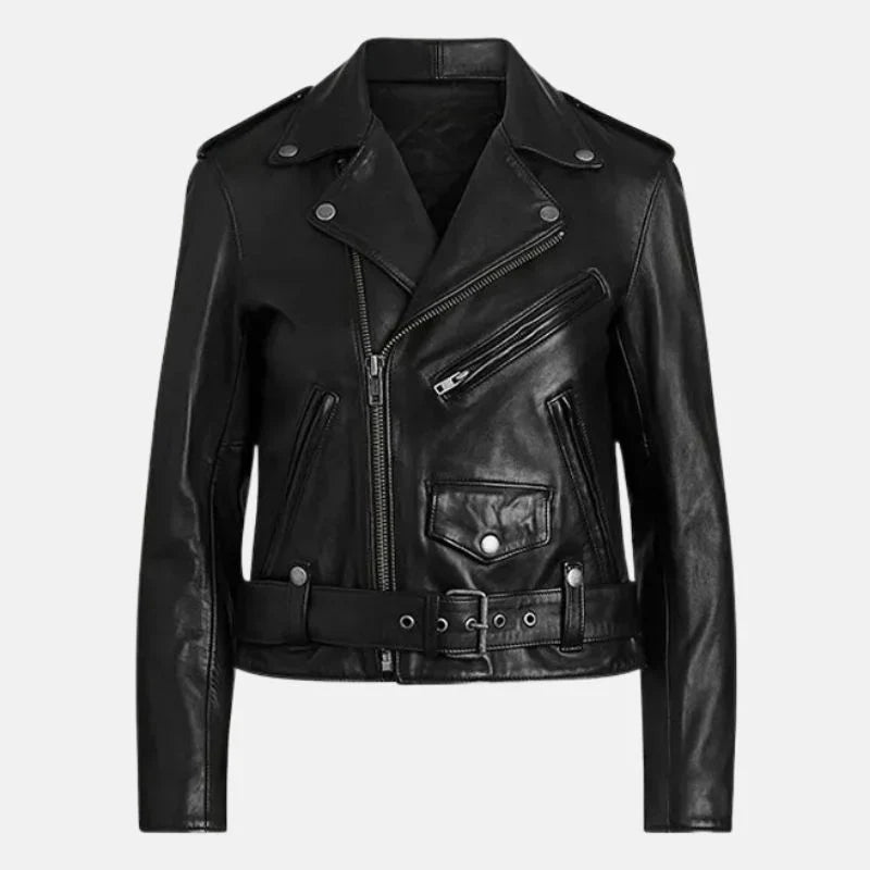 Leather Jacket Womens Biker Zip Front Turn Down Collar