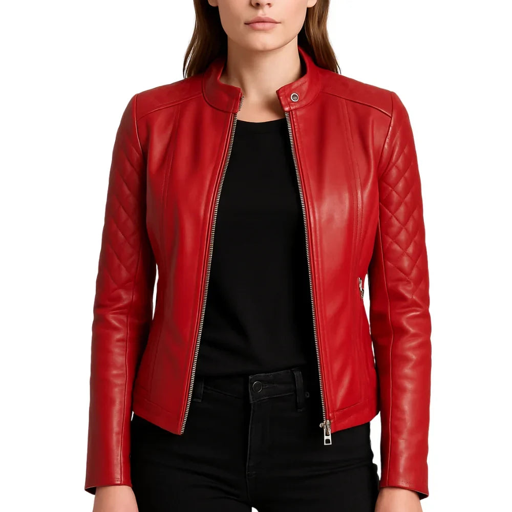 Leather Jacket Womens Quilted Cafe Racer Snap Collar Zip Front