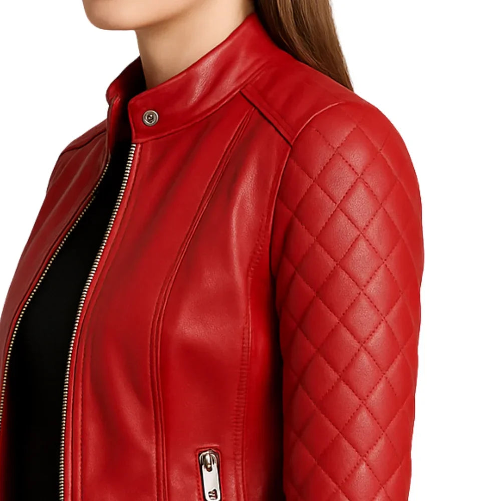 Leather Jacket Womens Quilted Cafe Racer Snap Collar Zip Front