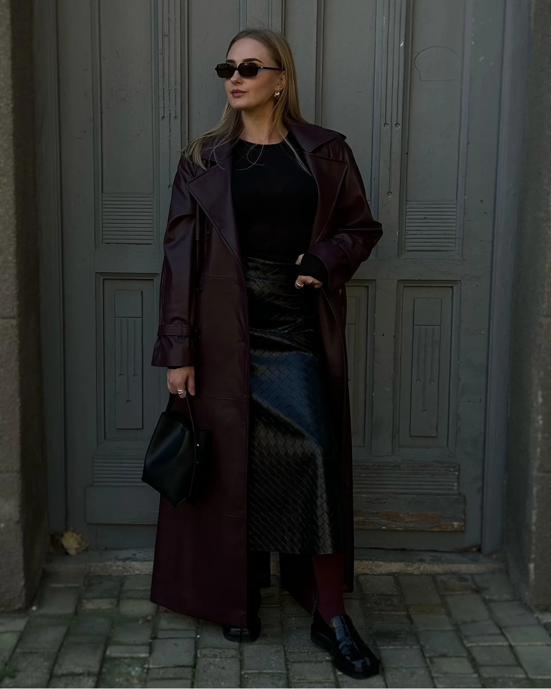 Gwendolen faux leather maxi trench coat - front view