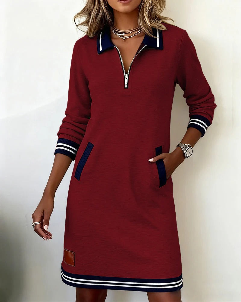 Quarter zip long sleeve dress with striped polo collar, cuffs and hem - view 10