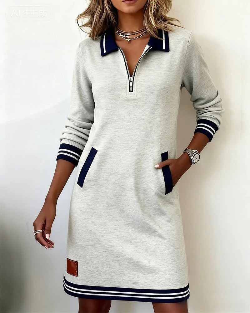 Quarter zip long sleeve dress with striped polo collar, cuffs and hem - view 16