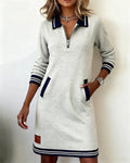Quarter zip long sleeve dress with striped polo collar, cuffs and hem - view 16